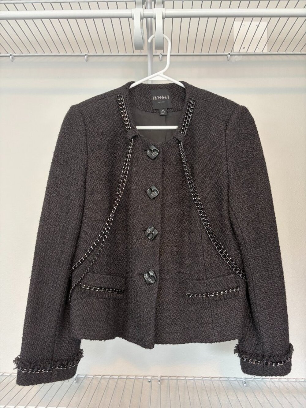 Insight New York Wool Blend Chain Trim Tweed Jacket Blazer Charcoal Grey Size 14